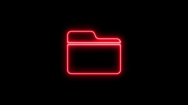 Glowing red neon folder icon against a black background for information and storage