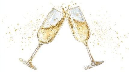 Two champagne flutes clinking, sparkling, and splashing with golden droplets against a white background