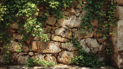 Lush green vines climbing an aged stone wall in a sunlit garden during late afternoon hours