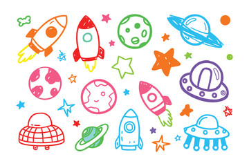 Cosmic Whimsy: A colorful array of hand-drawn rockets, planets, stars, and UFOs, inviting imaginative space adventures for children.