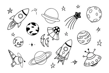 Celestial Doodle: A whimsical illustration of cosmic elements, including planets, stars, rockets, and a flying saucer, inviting a journey through space 