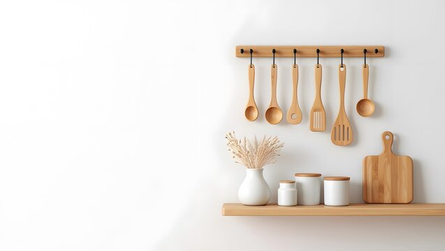 A rustic wooden shelf displays kitchen utensils, a cutting board, and decorative items against a clean white wall, evoking a cozy and organized kitchen.