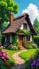 A charming little cottage with a thatched roof, nestled amongst lush green trees and a vibrant flower garden Perfect for a cozy, peaceful retreat , house, sun