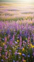 Obraz premium Serene Sunset Wildflower Meadow: Vibrant Purple and Yellow Blooms, Soft Focus