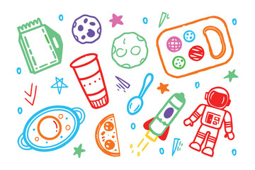 Cosmic Culinary Adventure: An astronaut-themed illustrated collection showcasing food-related items, blending cosmic exploration with everyday culinary elements. A playful and whimsical depiction