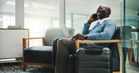 Airport, black man and phone call for business trip, communication or discussion for travel plans or chat. Happy, employee and person with luggage for journey, talking or waiting for flight in lounge