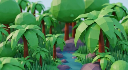 Obraz premium Vibrant Low Poly Jungle Scene with a Winding Stream and Lush Greenery