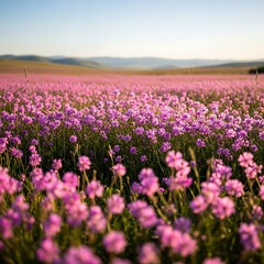 Fototapeta premium Serene Pink Wildflower Meadow at Sunset: Vibrant Blooms, Soft Light, Rolling Hills Background