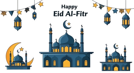 Naklejka premium Happy Eid Al-Fitr Celebration Illustration with Mosques and Lanterns