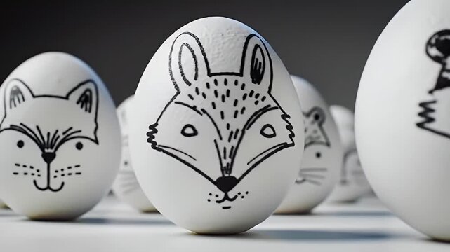 Creative Easter Eggs with Hand Drawn Animal Faces Against Gray Background
