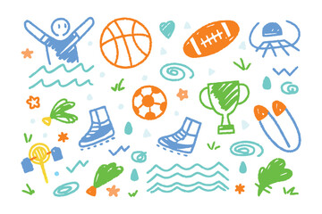 Childlike Sketch Sports Theme: whimsical sketch of various sports equipment and figures creating joyful and playful imagery.