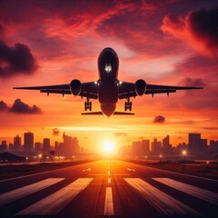 airplane taking off runway with vibrant sunset sky