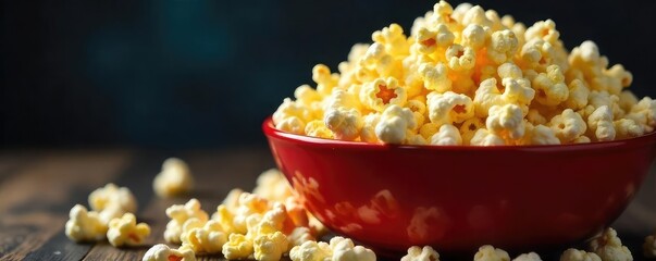 A close-up shot of a overflowing bowl of freshly popped popcorn, buttery and salty, with kernels scattered around it, ready to be enjoyed during a movie night , snack, crunchy, close-up