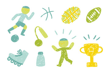 Drawn Sport Elements: A whimsical, hand-drawn collection of sports elements comes to life, offering a playful and vibrant depiction of movement, competition, and activity.