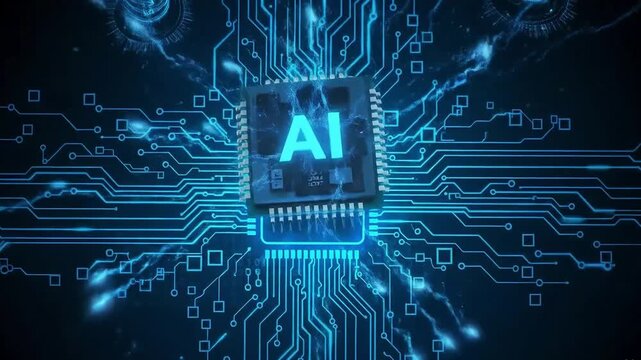 Advanced ai chip technology Microprocessor Connecting with Motherboard and Activates entire System AI letters on chip glowing energy lines ai cpu gpu connected to Socket technology pc circuit board