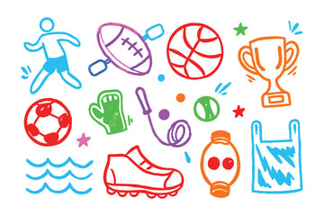 Sport Doodles: A vibrant assortment of hand-drawn sports elements and equipment, creating a lively and energetic visual representation of active lifestyles, competitive spirit, and fun.