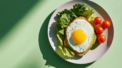 Overhead view of vibrant breakfast plate with egg, avocado toast, cherry tomatoes and greens on sunny table