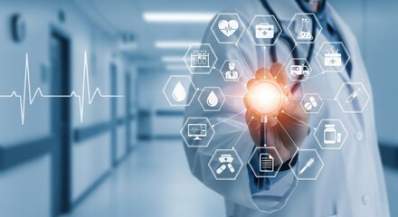 Doctor interacting with futuristic medical technology and health icons