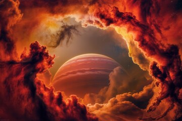 Vibrant nebular cloud with Saturn planet in the middle