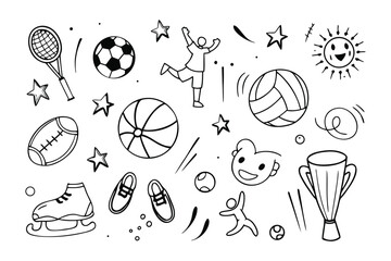 Sports Doodle Delight: A whimsical array of hand-drawn sports icons and joyful elements, including stars, a cheering figure, and cheerful sun, all in a simple, engaging doodle style.
