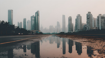 Fototapeta premium Foggy cityscape reflecting in polluted puddles, an urban landscape marred by environmental degradation. 