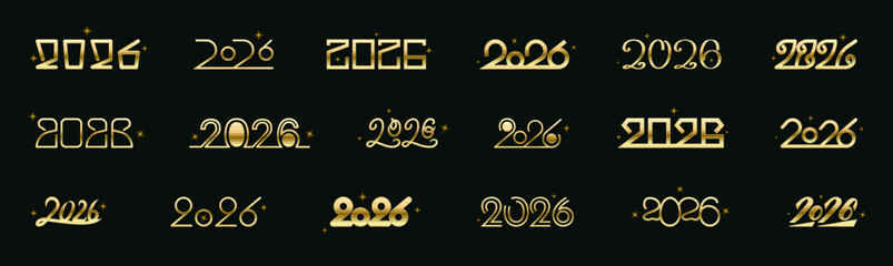 2026 golden gradient numbers on dark background. Big gold digit with glitter star set. New year decoration on black backdrop. Vector illustration for holiday card poster calendar greeting