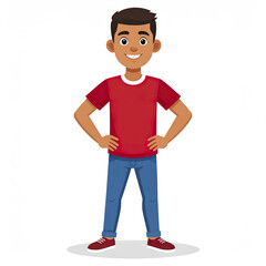 Naklejka premium Smiling young man standing confidently with hands on hips wearing red t shirt, blue jeans, and red sneakers on white background