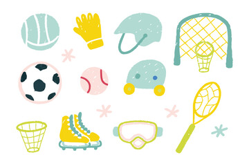 Playtime Essentials: A collection of vibrant and playful illustrations featuring essential gear for various sports and leisure activities, perfectly capturing the joy of recreation.