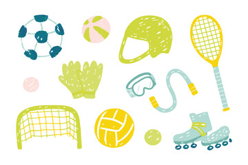 Sporting Collection: A vibrant collection of sport equipment. The collection includes a soccer ball, gloves, a volleyball, a helmet, swimming goggles, a tennis racket, and roller skates.
