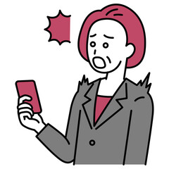 スマートフォンの画面を見て驚く中年のスーツの女性