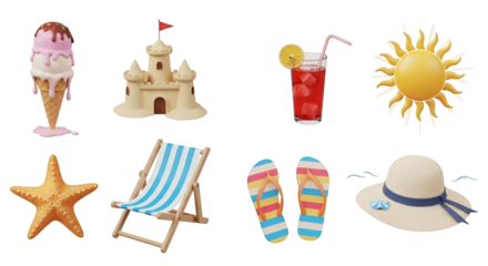 Charming Set of 3D Summer and Beach Vacation Symbols and Elements on Black