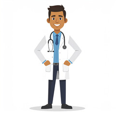 Smiling male doctor cartoon character wearing white coat and blue shirt with stethoscope around his neck, standing confidently with hands in pockets