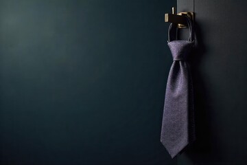 A neatly knotted tie hangs patiently on a hook, awaiting its wearer The rich fabric and subtle sheen suggest elegance and preparedness for an important occasion , knot, refined