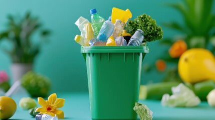 Plastic overload in small green trash cart, close-up environmental message