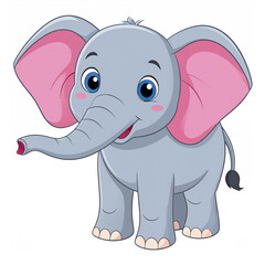 Fototapeta premium Cute cartoon elephant with big blue eyes and pink ears smiling happily, standing on white background with playful and friendly expression
