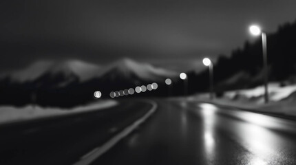 Monochrome evening cityscape with defocused lights and mountain backdrop