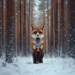Obraz premium Red fox standing in a snowy forest