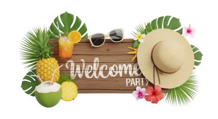 “Welcome Party” wooden sign surrounded by vibrant tropical leaves, hibiscus flowers, straw hat, sunglasses, pineapple, coconut, and orange drink.