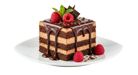 Tempting chocolate layered cake piece with raspberries and mint, drizzled with ganache on transparent background