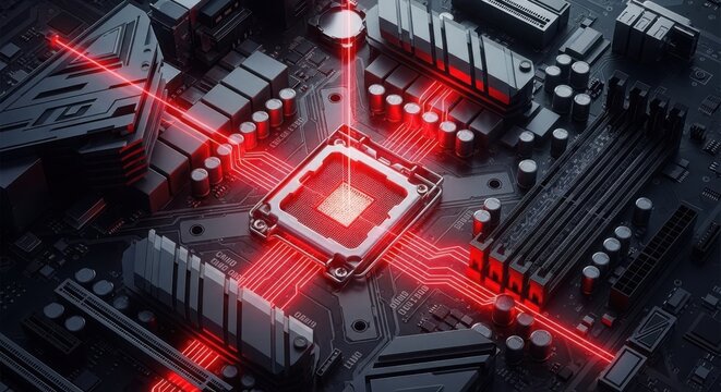Futuristic red laser beams emanating from a glowing computer processor - Powered by Adobe