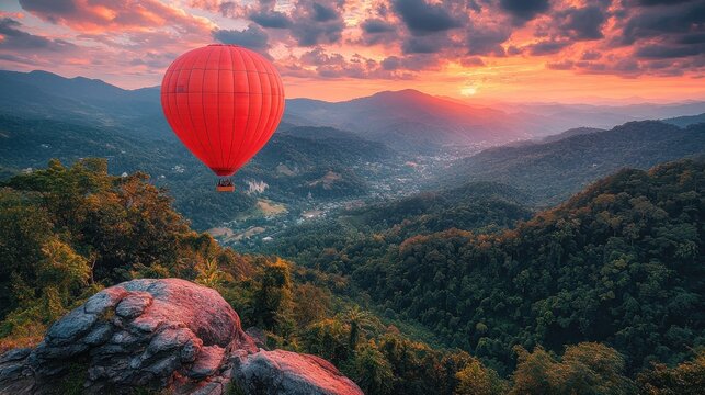 Majestic Sunset Hot Air Balloon Ride Over Lush Mountain Ranges