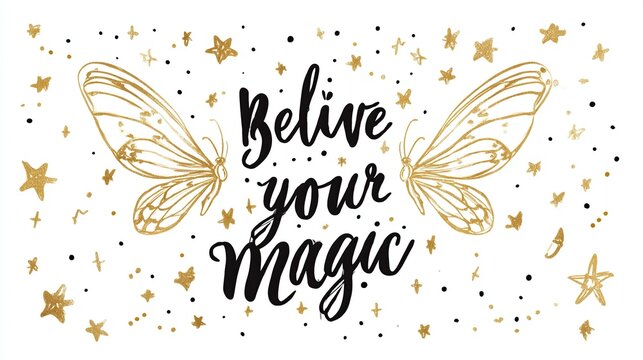 Gold-outlined butterfly wings flanking "Believe Your Magic" in elegant script against a white backdrop scattered with gold stars and dots