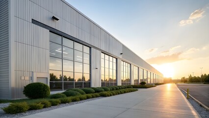 Modern Industrial Warehouse Exterior at Sunset with Glass Windows and Clean Architecture