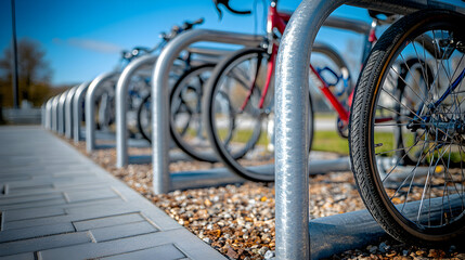 Several bicycles parked in a metal rack outdoors.