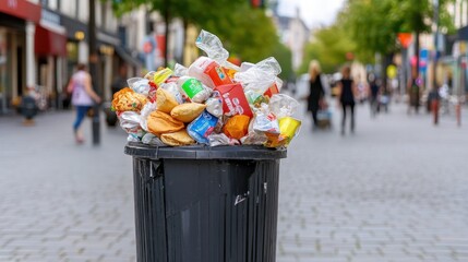 Public garbage bin bursting with fast food wrappers and plastic waste on a busy street