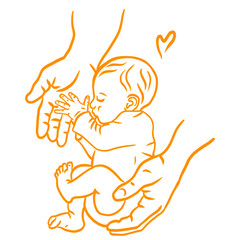 A precious newborn baby cradled in protective hands, a symbol of new life, parental love, and gentle care. Minimalist line art illustration.