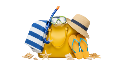 Yellow beach bag filled with striped towel, snorkel set, straw hat, yellow flip-flops, and seashells on sand, isolated on black background.