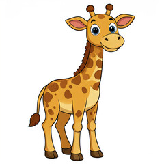 Obraz premium Cute cartoon giraffe with big eyes and friendly smile stands on white background, showing its spotted yellow and brown body in playful and cheerful pose