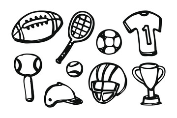 Sports Equipment Sketch: A detailed sketch of assorted sports equipment, including a football, tennis racket, soccer ball, jersey, baseball bat, baseball, helmet, and trophy.