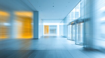 Fototapeta premium A spacious office lobby showcases sleek architecture with glass walls and vibrant lighting. The entrance is enhanced by a rotating door, inviting people into the building.